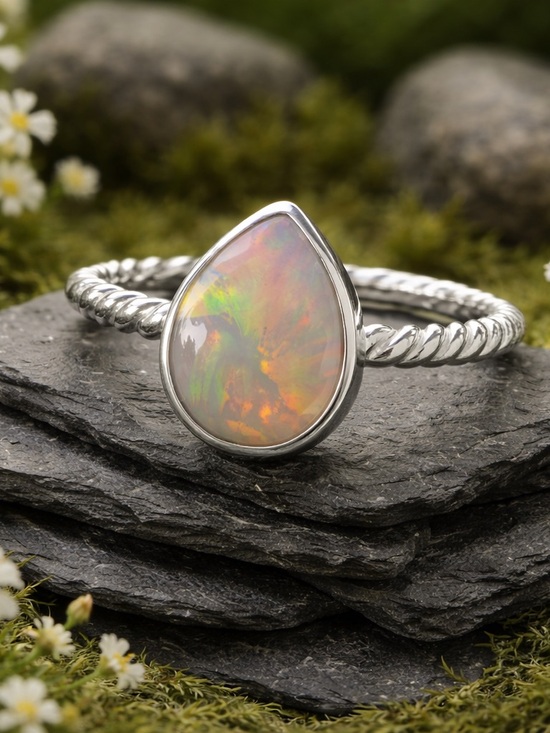 Jewelry - Sterling Silver Teardrop Opal Ring - Multicolor Opal. Australian